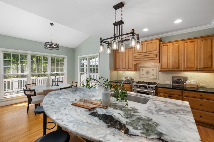 Finished kitchen renovation with a marble island