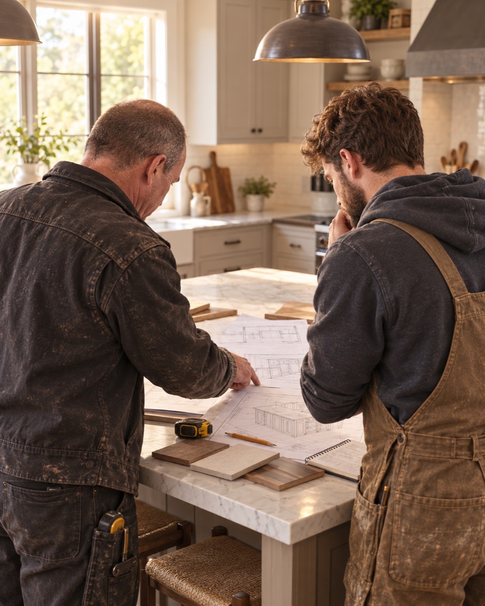 Cullen Carpentry reviewing kitchen plans on site in London, Ontario