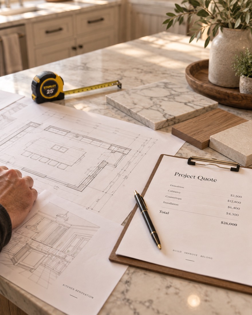 Project quote and drawings laid out on a countertop